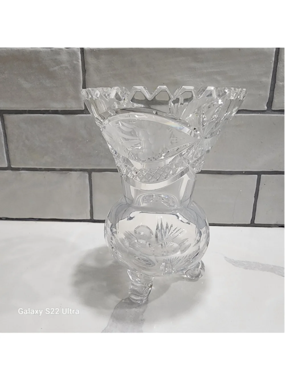 Vintage Cut Crystal Footed Vase Sawtooth Rim Floral Starburst 6